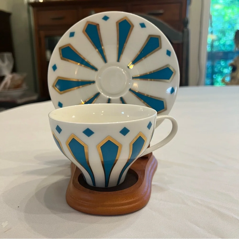 Meritage China Striped Aqua Blue and Gold Teacup and Saucer Set Tea Cup